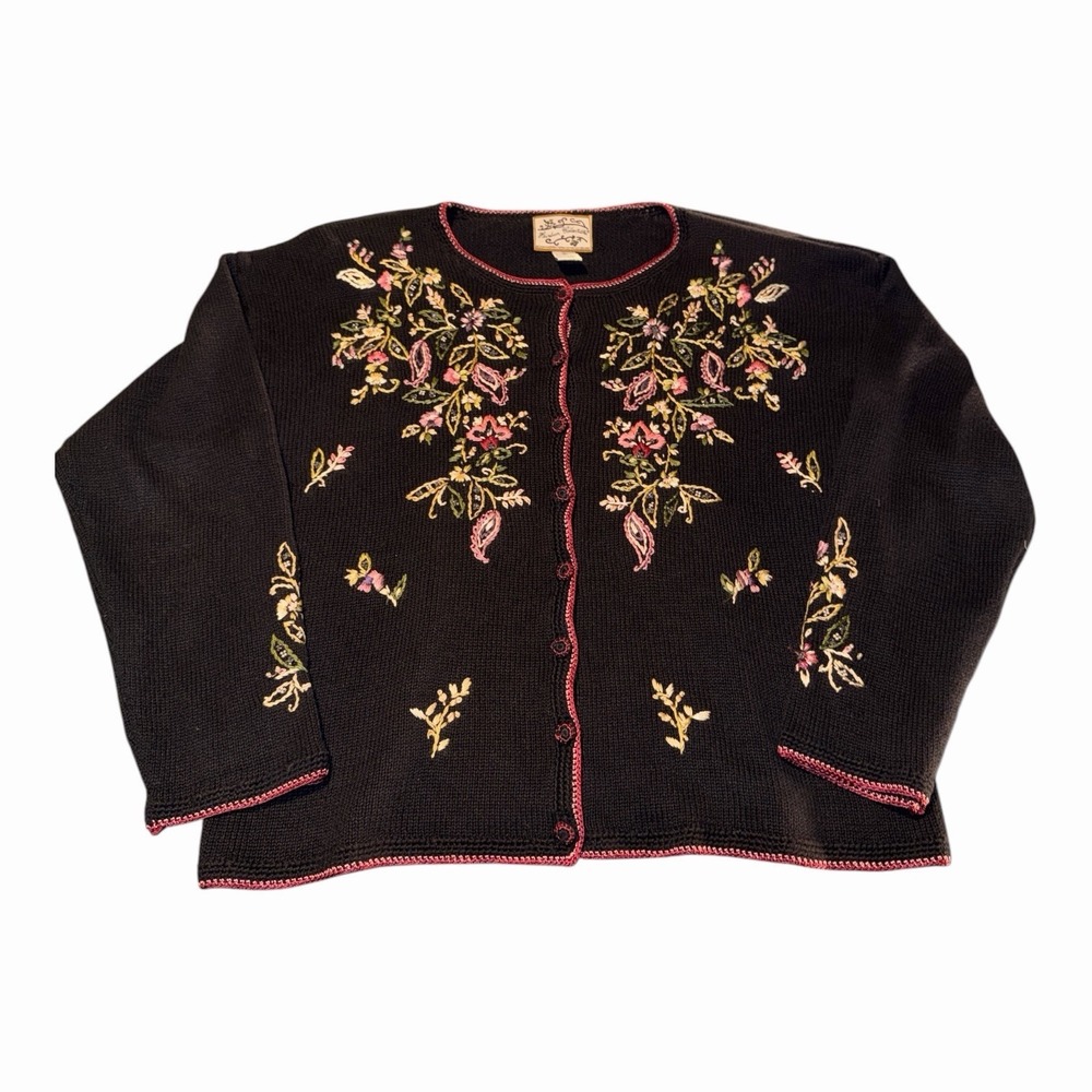 Vintage Heirloom Collectibles Black Floral Embroidered Cardigan Sweater XL Y2K